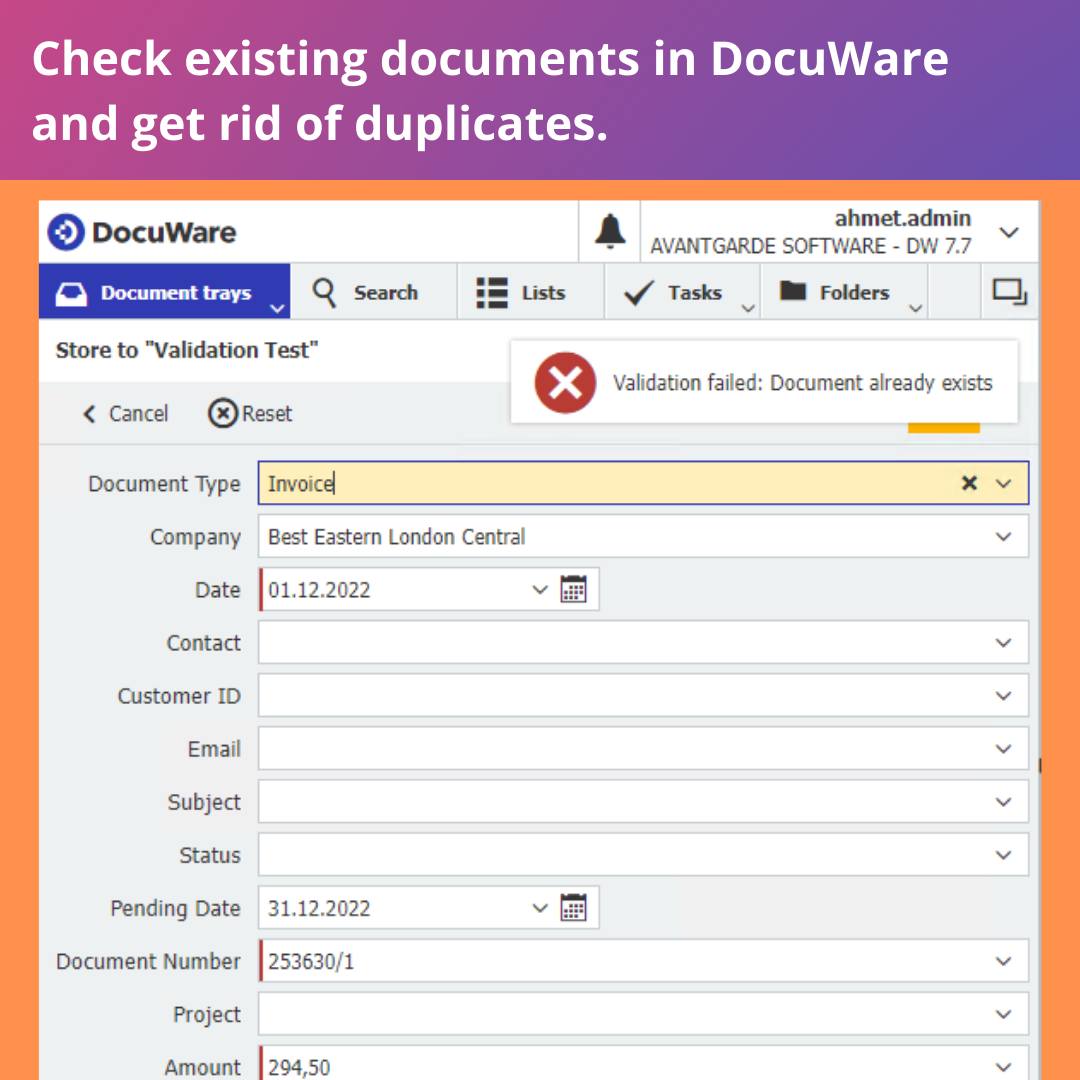 Check existing documents for duplicates in DocuWare